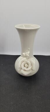 Vintage Ivory Porcelain Vase Applied Rose Floral Bud Vase Shabby Chic Cottage...
